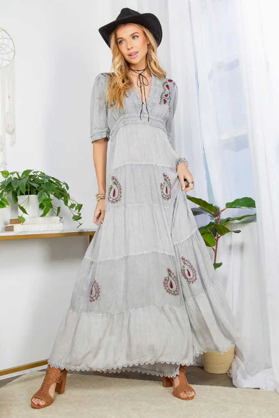 Young Threads Embroidered Maxi Dress Lace V-Neck Pockets S - Boho Cottagecore